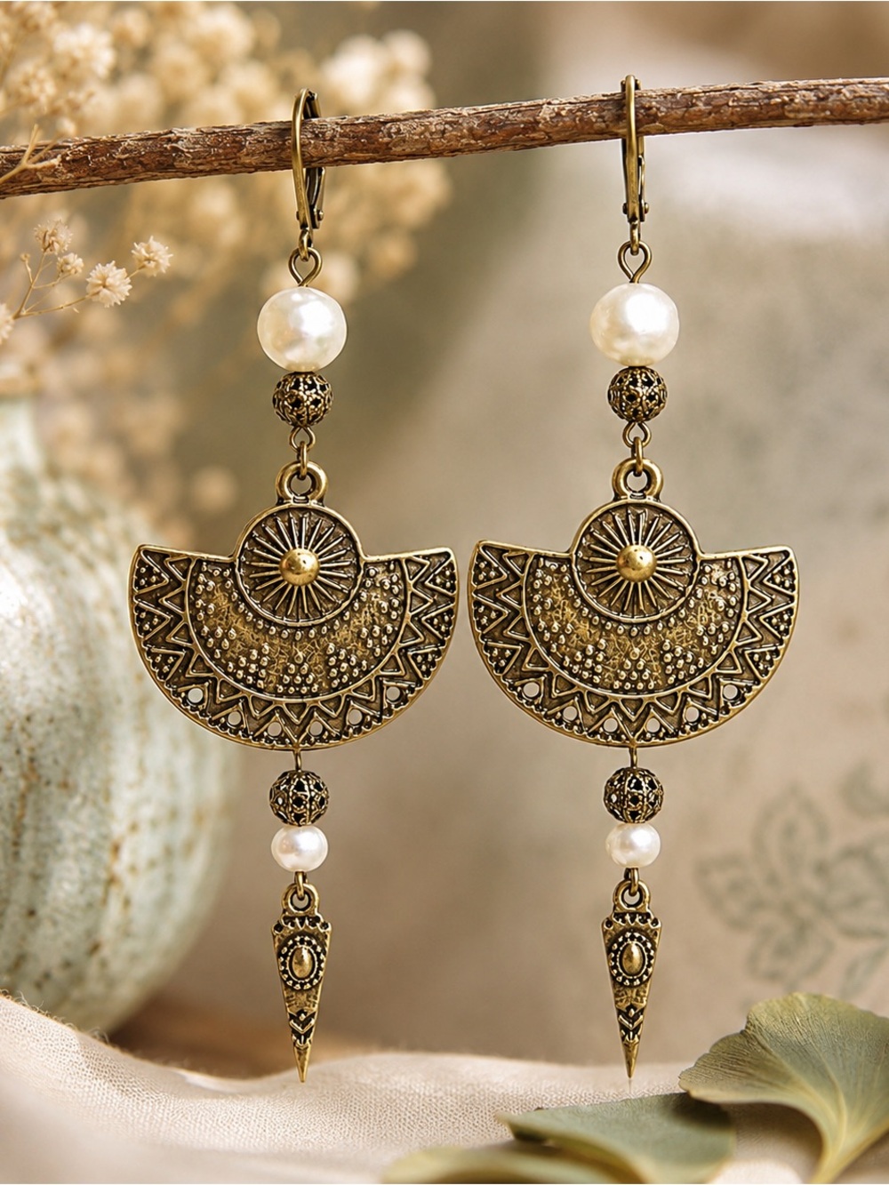 Freshwater Pearl Fan Earrings Antique Bronze Boho Statement Artisan